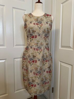 David Meister Beige Floral Midi Sheath Dress with Red and Blue Accents